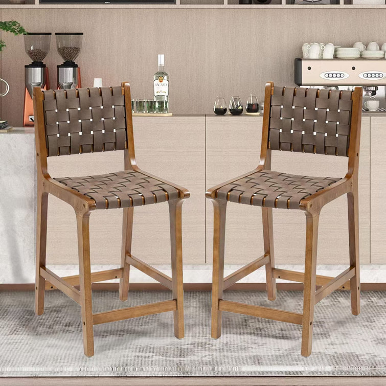Latitude Run® Set of 2 Handwoven Leather and Wood Counter Stools
